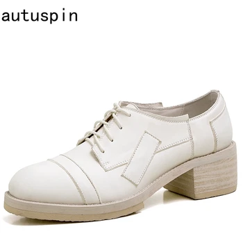 

Autuspin Fashion Lace Up Women Pumps Ladies Cool Genuine Leather Chunky Loafers Autumn Winter Casual Shoes White Black Mujer