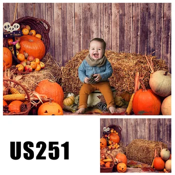 

Photography Background Halloween Autumn Wooden Pumpkin Haystack Customized Photographic Backdrops For Photo Studio US-251