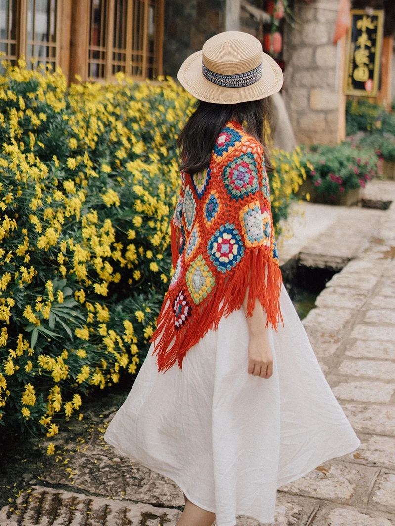 

Dream Horse Homemade National Cape Tassel Cape Autumn Winter Travel Warm Cloak Thickened Wool Crochet Retro