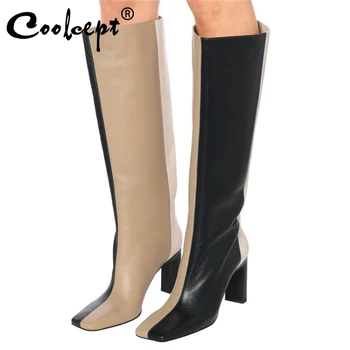 

Coolcept Women Knee Boots Fashion Square Toe High Heel Winter Shoes Woman Mixed Color Long Boot Sexy Party Footwear Size 35-43