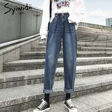 Джинсы с высокой талией для женщин размера плюс джинсовые брюки потертые пуговицы повседневные джинсы для мам свободные синие штаны-шаровары эластичная резинка на талии