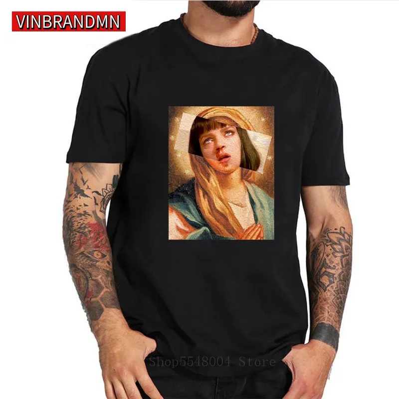 Funny Pulp Fiction T Shirt Virgin Mary Mia Wallace T-Shirt Men Poster Saint Tshirt Male Cotton Short Sleeves O-neck Top Tees | Мужская