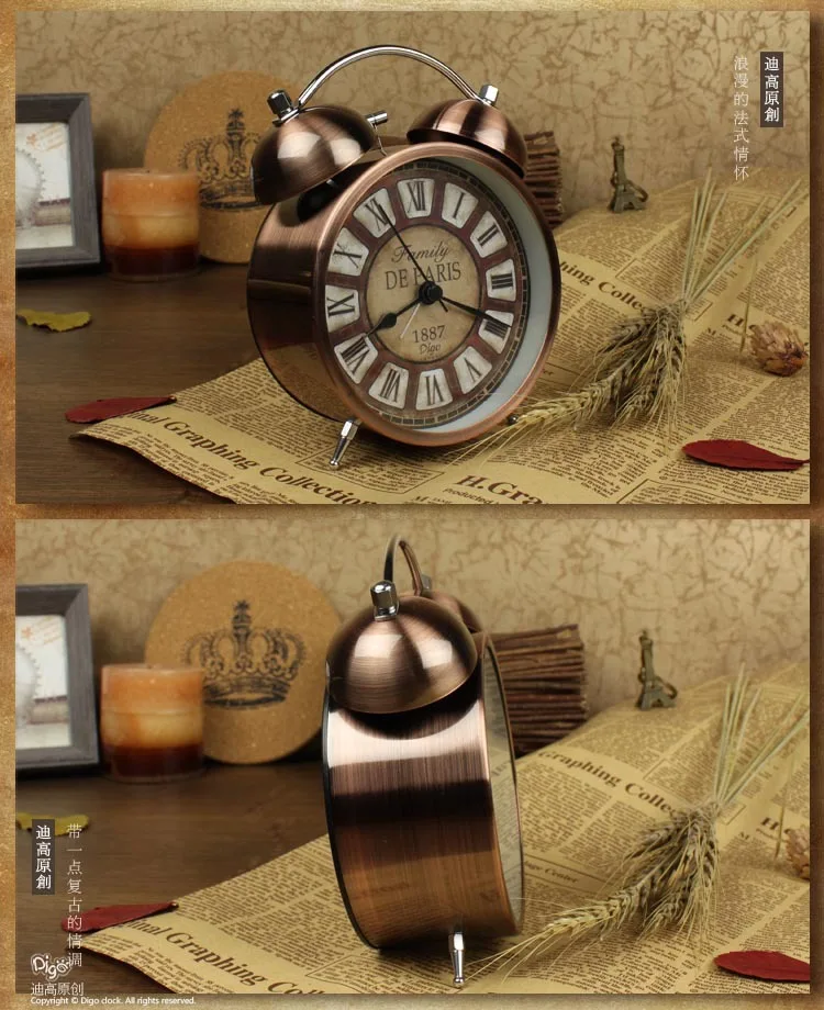 Будильник винтажные Ретро бесшумные указатели часы Круглый номер двойной громкий звонок Будильник Часы для прикроватного столика ночник домашний декор