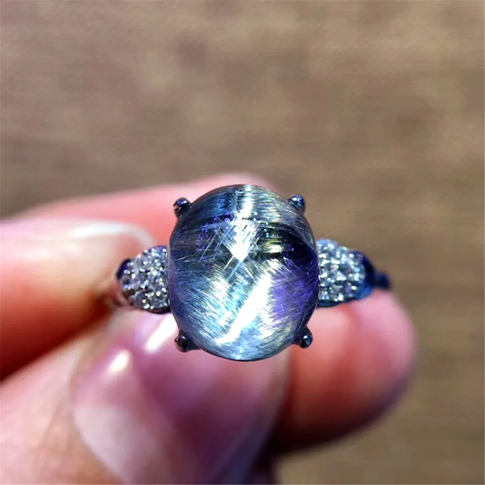 

Top Natural Brookite Silver Rutilated Ring For Woman Man Lucky Clear 9x8mm Beads Crystal Stone Adjustable Ring Jewelry AAAAA