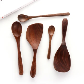 

1Pcs Black Walnut Coffee Honey Spoons Wooden Japanese Style Stir Long Scoop Large Soup Rice Spoon Kitchen Tableware Gift