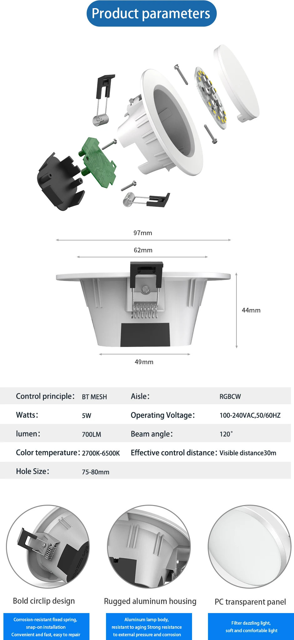 Smart LED Downlight Dimming Round Spot Light RGB Color Changing 2700K-6500K Warm Cool light Work with Alexa Google Home