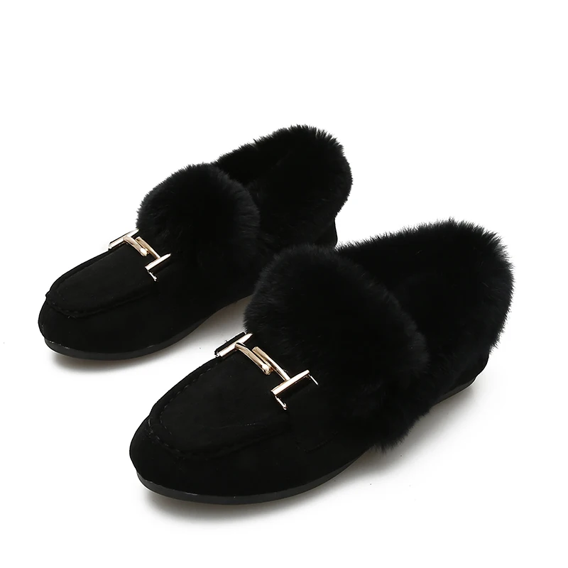 

Fluffy Metallic Embellished Round Toe Flats Plus Size 41-43 Ladies Winter Shoes 2020 New Leisure Rabbit Fur Slippers