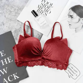 

Velvet Thick Seamless Wire Free Bralette Solid Color Push Up Adjustable Bras For Women Cat Ear Lace Trim Bra