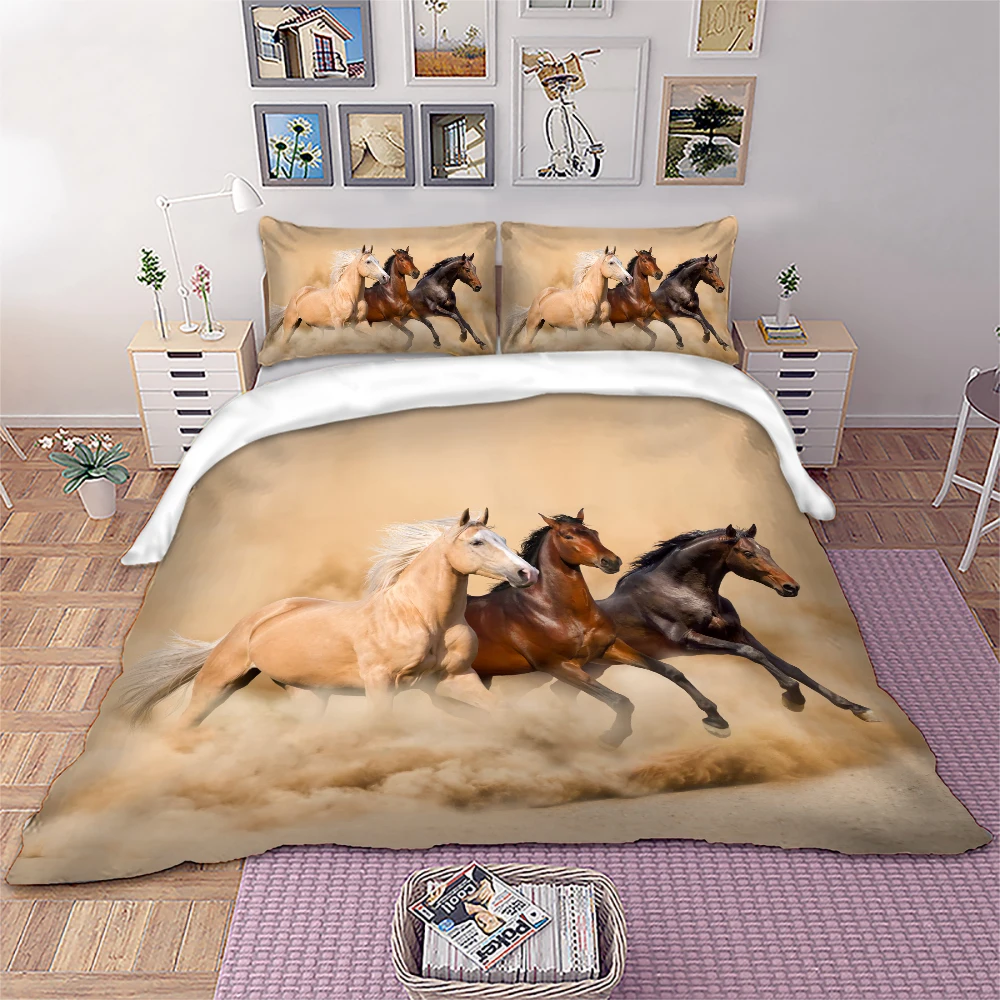 Parure de lit motif chevaux tempête de sable du désert Linge de lit blanc ensemble de housse de couette cheval noir nordique pour adultes et enfants