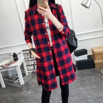 

Loose Shirt Women's Medium And Long Plaid Slimming Shirt Coat Fashionable