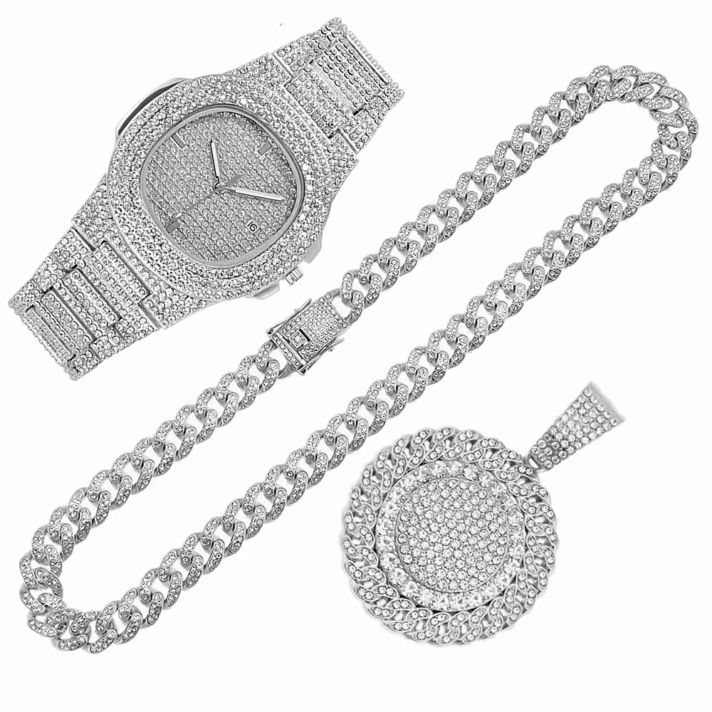 2pcs-Iced-Out-Watch-Necklace-AAA-Rhinestone-13MM-Full-Miami-Curb-Cuban ...