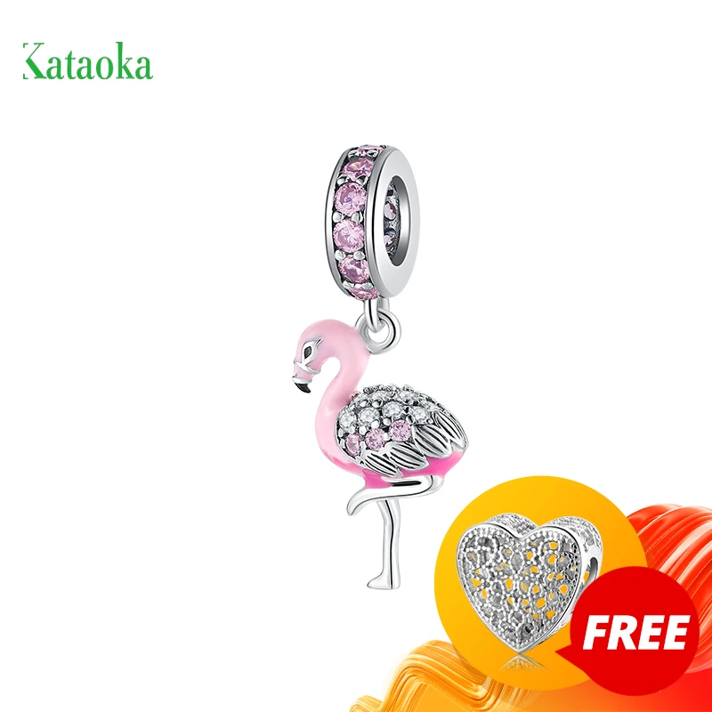 

Authentic 925 Sterling Silver Pink Enamel sparkling flamingo CZ fine beads Fit Original Kataoka Charms Bracelets making