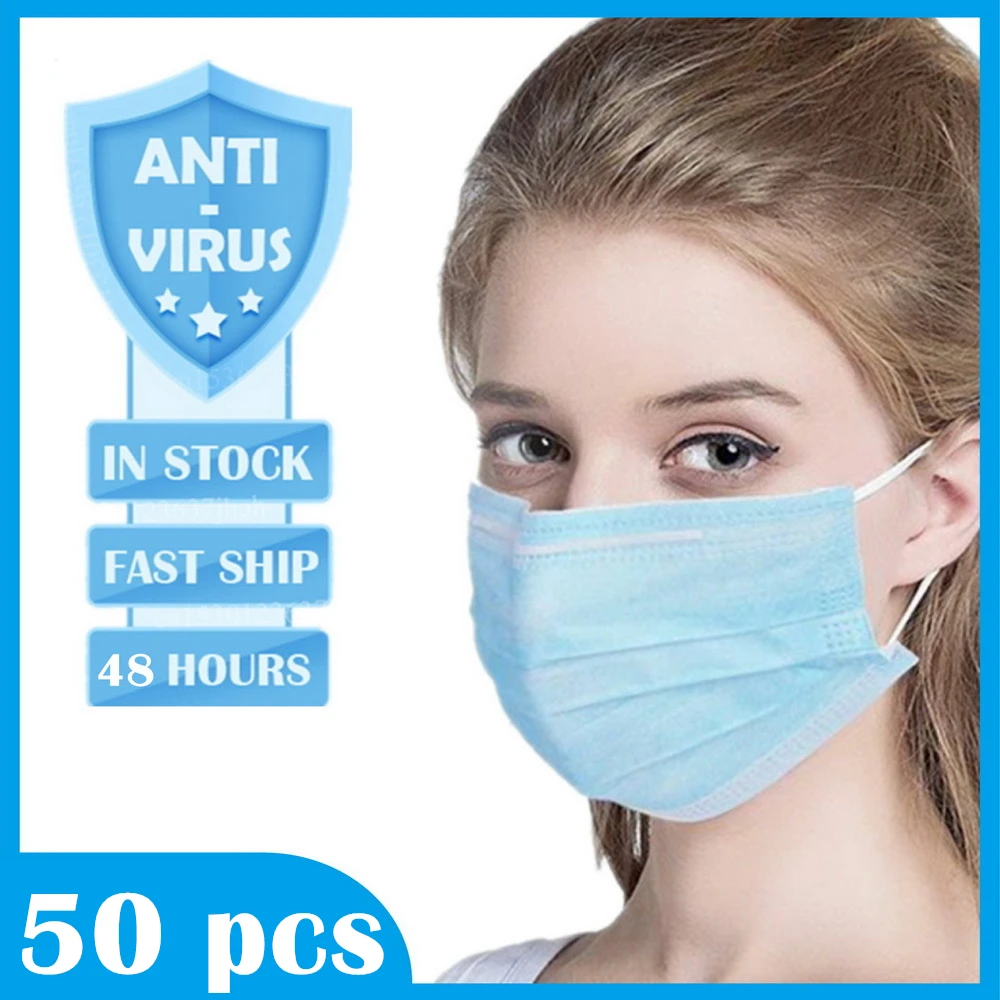 

50pcs 3 layer Anti-Dust Mask Filter Non-woven Disposable Elastic Ear Loop Face Masks Melt Blown Mouth Mascarillas In Stock