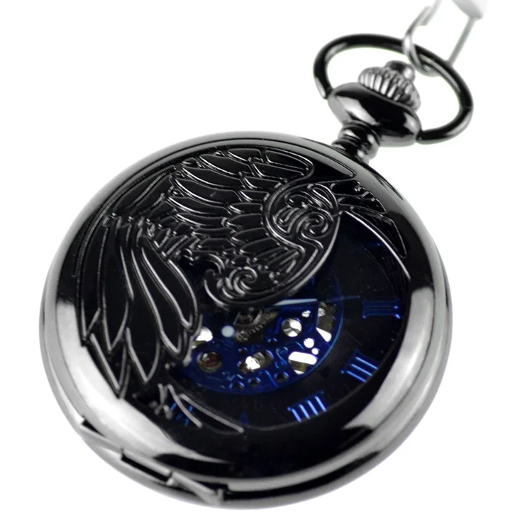 

Male Clock Antique Steampunk Skeleton Classic Blue Color Mechanical Pocket Watch Necklace Chain
