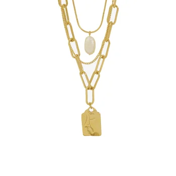 

Hongcheng Jewellery Female Multi-layer Necklace Pearl Titanium Steel Pendant Gold Plated Mixed Clavicle Chain Fashion Jewelry