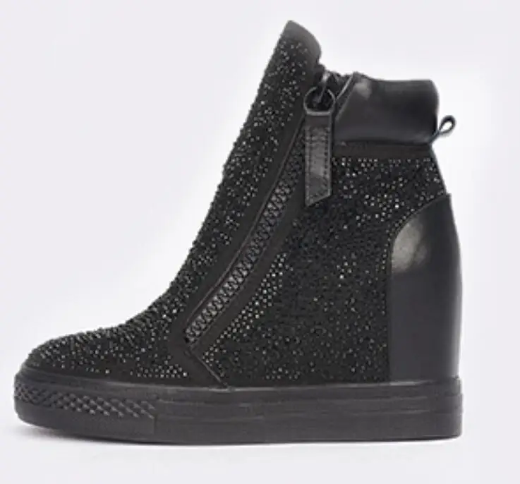 

Newest Black Rhinestone Patchwork High Top Sneaker Height Increased Crystal Thick Sole Double Zip Winter Ankle Booties