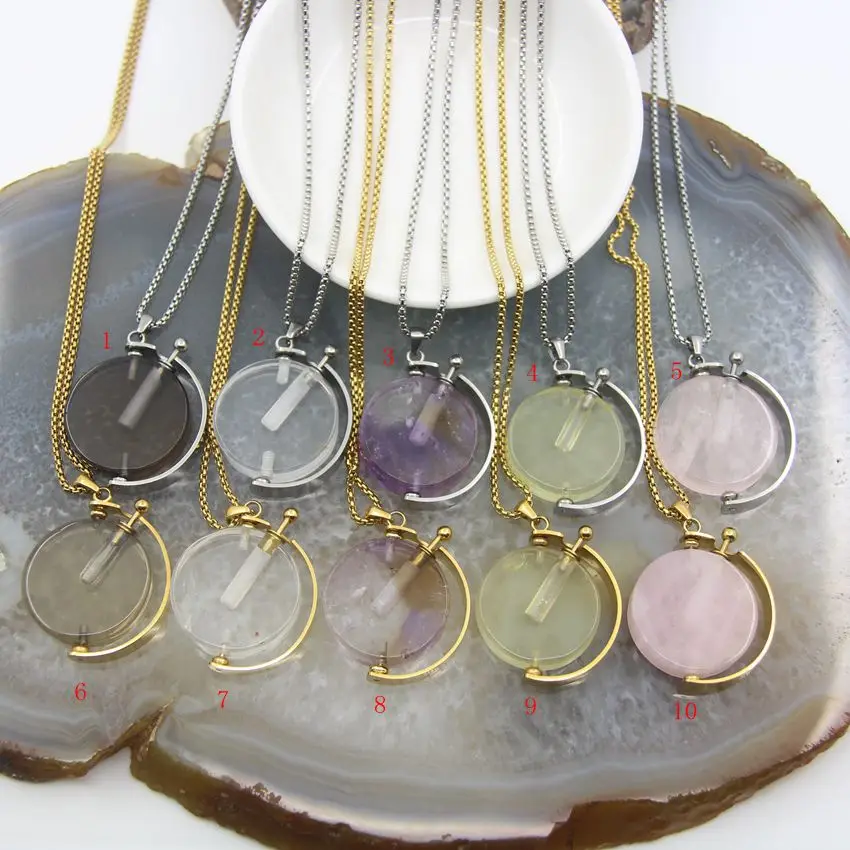 Round Shape Chakra Rose Quartzs/AmethystsPerfume Bottle Pendant Necklace,Healing Lemon Crystal Essential Oil Diffuser Vial