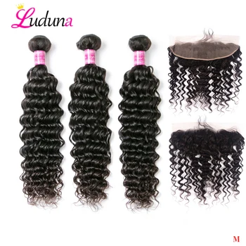 

Human Hair With Closure Malaysian Deep Wave 3 Bundle With Closure 13*4 Lace Frontal Closure With Bundles Luduna Remy Bundles