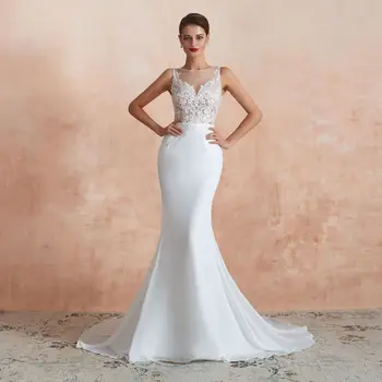 

Elegant Scoop Neck Wedding Dresses Illusion Sleeveless Applique Mermaid Wedding Gown for Bride 2020