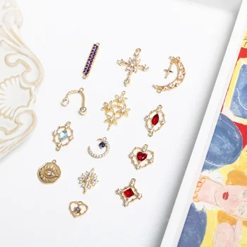 

Copper-plated true gold micro-inlaying stone, love moon cross, DIY hand-made ornament, ear-pin accessory material 2pcs