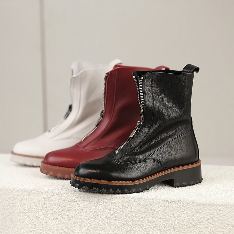New Natural Genuine Leather Boots Women Metal Round Toe Ladies Ankle Boots for Women Square Heels Spring Autumn Shoes