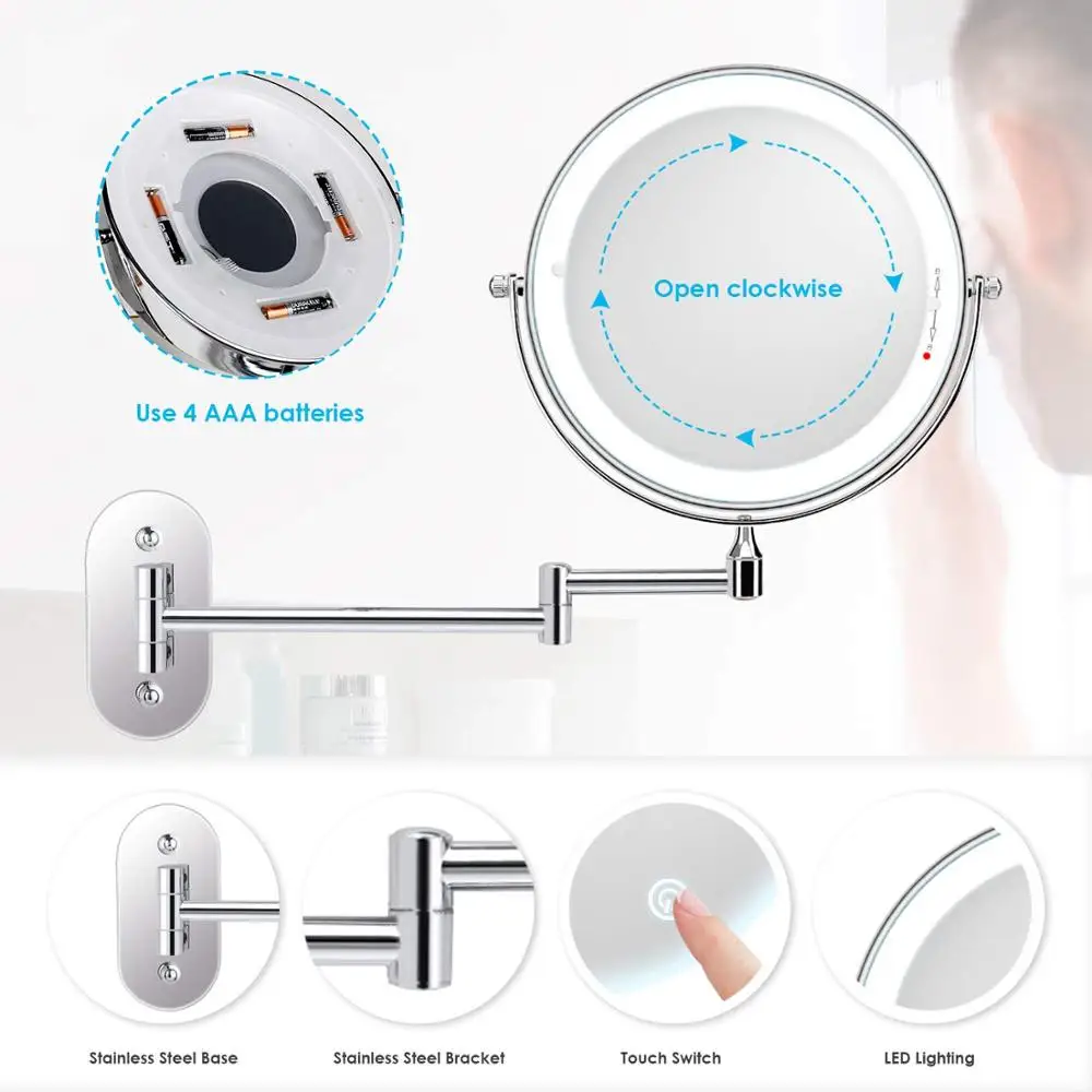 8 дюймов спальня или ванная комната настенный макияж зеркало, 1X& 10X увеличительное двойное зеркало, сенсорная кнопка регулируемый светодиодный светильник