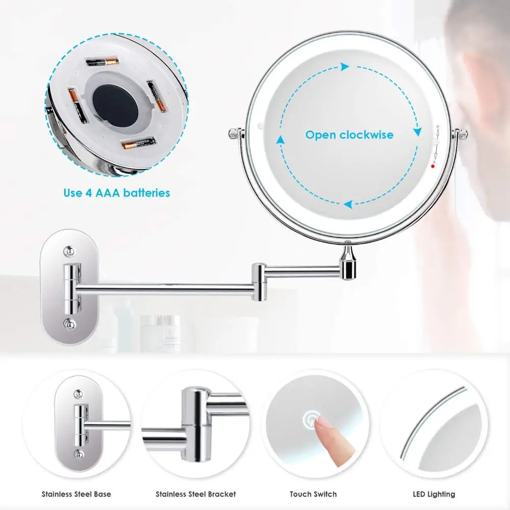 Tanie 8 cal sypialni lub łazienka do montażu na ścianie lustro do makijażu, 1X i 10X powiększające podwójne lustro, przycisk dotykowy regulowane światło led