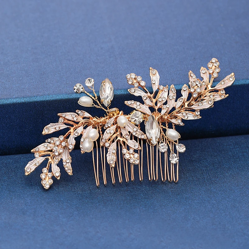 Trendy Handmade Tiara Wedding Hair Comb Leaf flower Bridal Headpiece Gold Pearl Rhinestone Head Jewelry Wedding Hair Accessories