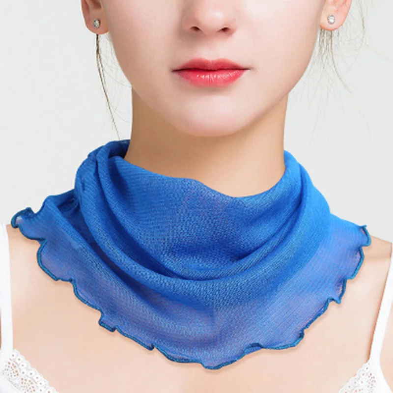 Fashion Female 100% Silk knit False Collar Sun Protection Pullover Summer Solid Color Double Ruffle Elastic Neck Guard Scarf P19
