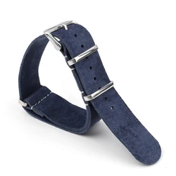 Premium Genuine Suede Leather Strap with Stainless Steel Buckle - Men's Sport Watch Band - 22mm (Blue)