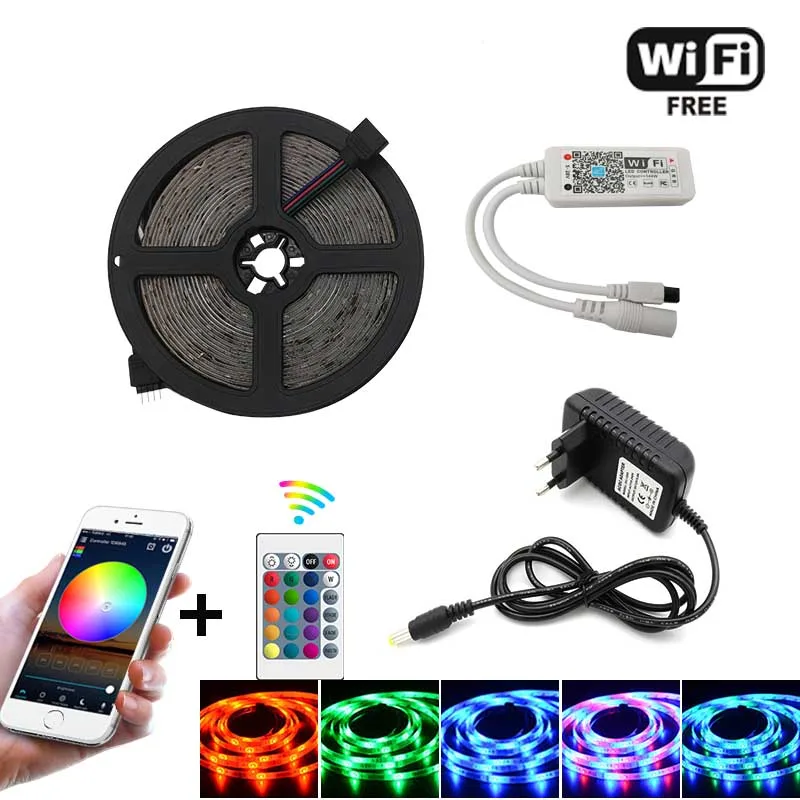 RGB Светодиодная лента светильник SMD 2835 5 м Водонепроницаемая RGB лента 12В лента Диодная Светодиодная лента s светильник Гибкая полоса лампа ИК wifi контроллер - Испускаемый цвет: 5m RGB-wifi control