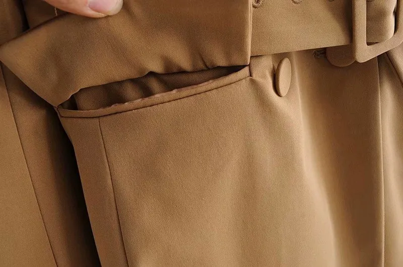 Осенний двубортный Тонкий Длинный блейзер зубчатый женский винтажный блейзер цвета хаки женский однотонный офисный пиджак с поясом