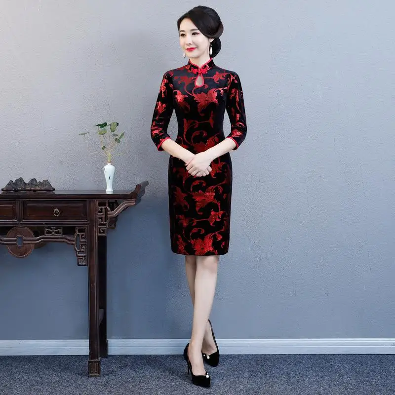 Embriodery женское элегантное платье Cheongsam Благородный Теплый Qipao элегантное вечернее платье для выпускного вечера сексуальное длинное китайское платье классическое Vestidos - Цвет: red short