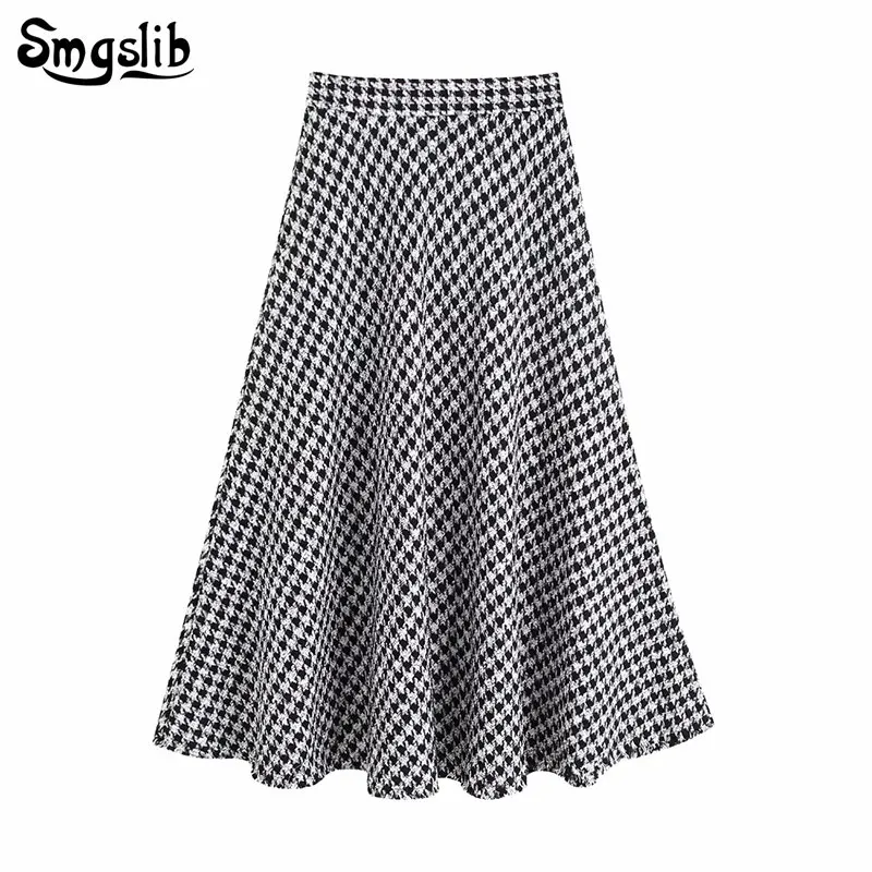 

2019 Fashion Tide New Spring Autumn skirt england style plaid A-line vintage Ankle-length houndstooth high waist long skirts