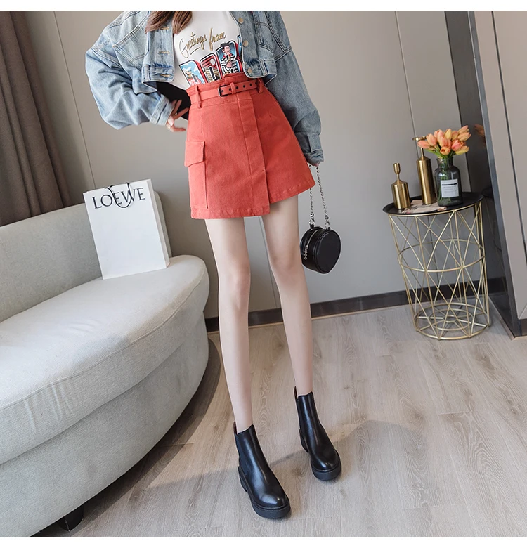 Trytree Autumn Women Casual Empire Short Skirt 5 Colour A-line Fashion Elegant Pockets Button Belt Mini Office Lady Short Skirt