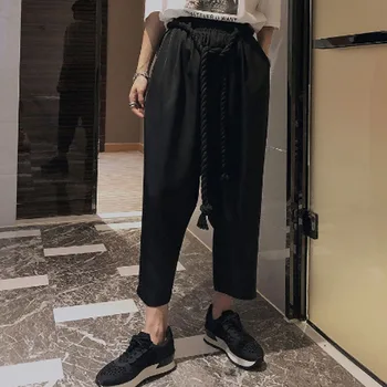 

Homens gótico do punk hip hop harem pants linho com corda da cintura dos homens calças largas pretas corredores boate cantor DJ