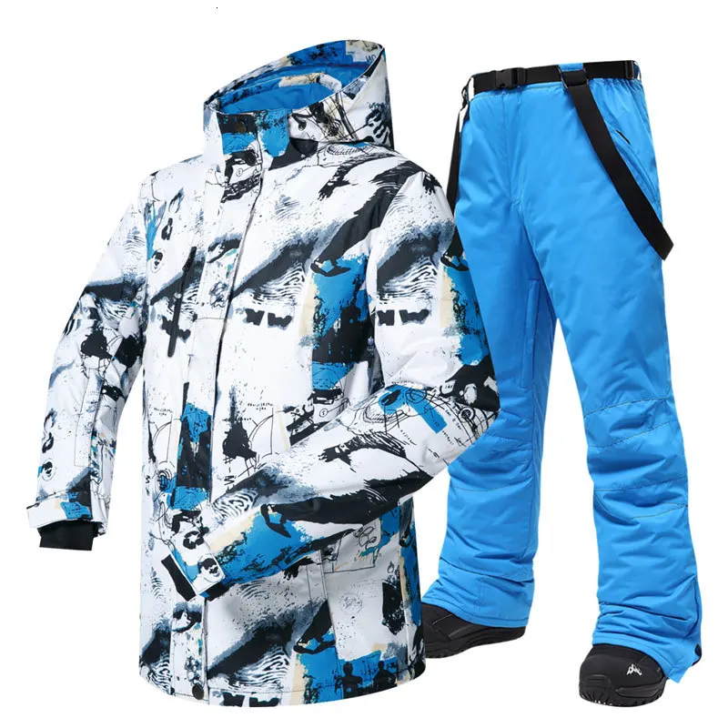 30 температурный лыжный костюм для мужчин, брендовая зимняя уличная ветрозащитная Водонепроницаемая теплая зимняя куртка и штаны, лыжная куртка для сноуборда для мужчин - Цвет: BaiLan And BLUE