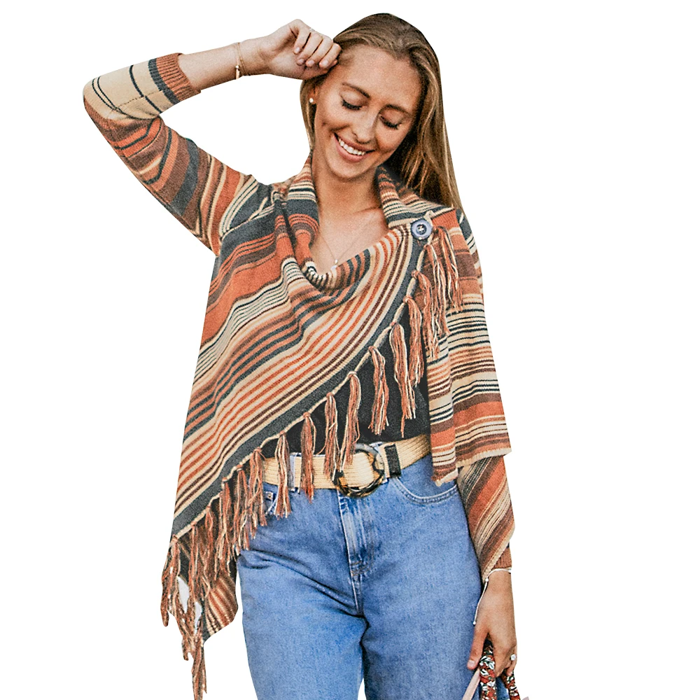 CUPSHE Striped Print Tassel Sweater Women Sexy Loose Button Long Sleeve Jumpers Tops Autumn Winter Female Pullovers