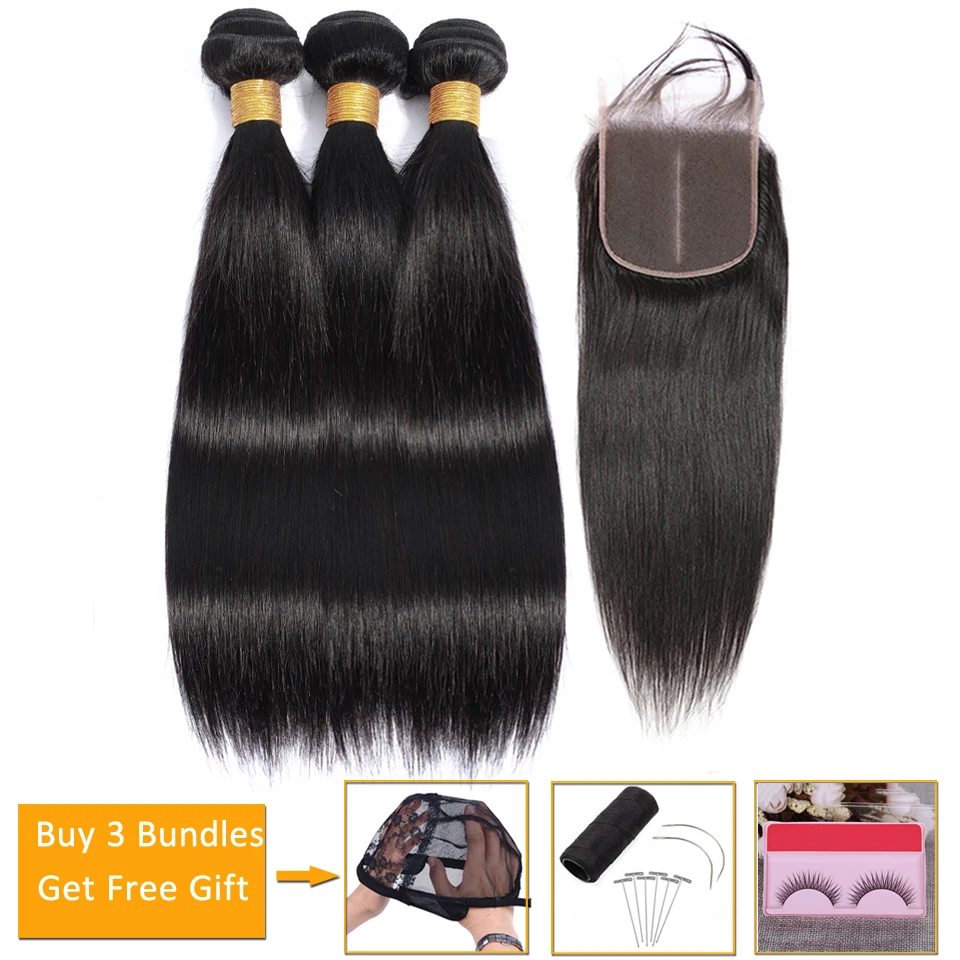

straight hair 3 bundles with closure Brazilian hair weave bundles and closure Peruvian human hair bundles with closure non-remy