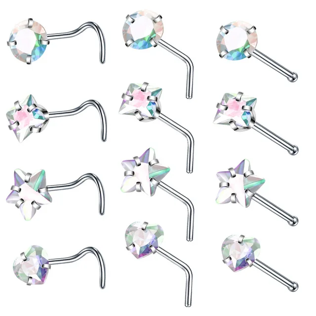 4PCS/Set nose rings Surgical Steel Heart Nose Ring Set Real Star L Shape Nose Stud Set Square Rings And Studs Bulk Piercing Nariz Lote