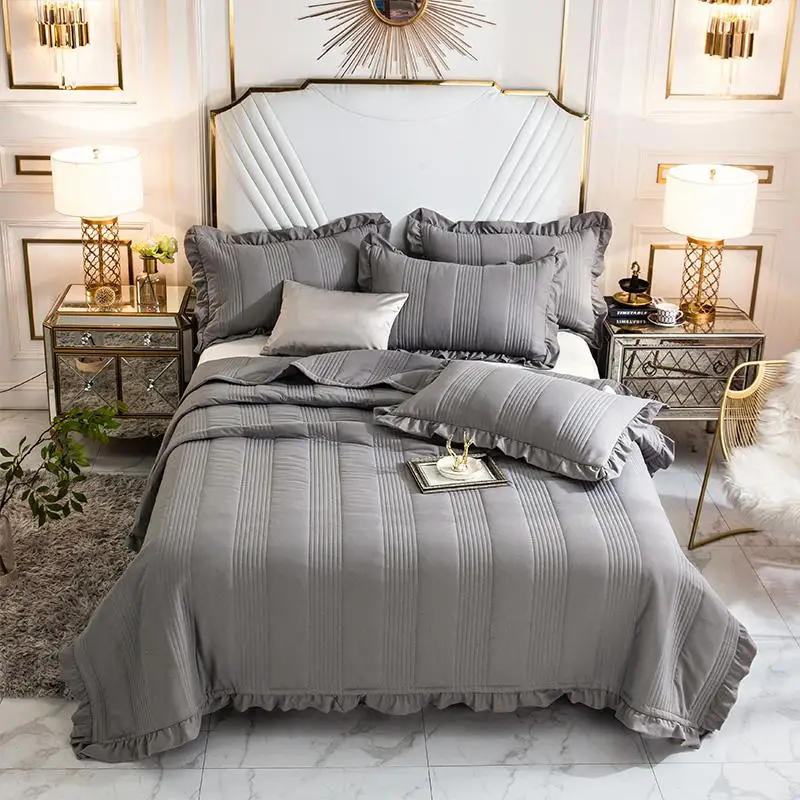 Gray White Soft 100 Washed Cotton Ruffle Bedspread Coverlet Bed Cover Set Blanket Summer Quilt Bed