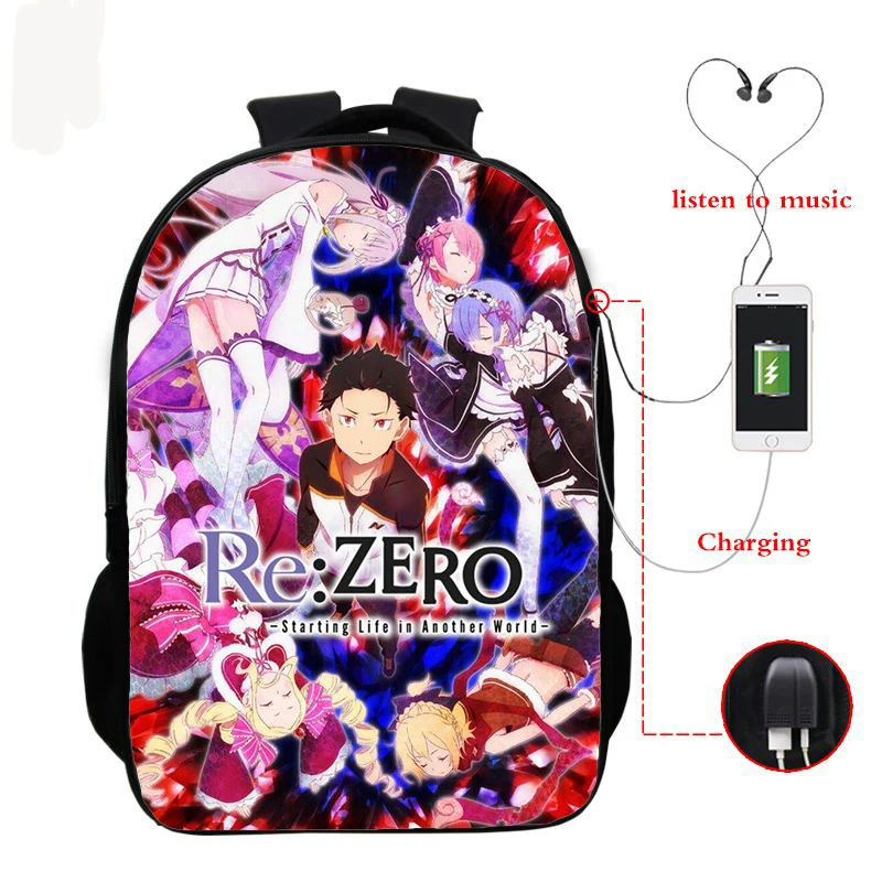 

16inch Re: Zero Kara Hajimeru Isekai Seikatsu teenage school bags Unisex backpack Travel backpack USB charging backpack Backpack