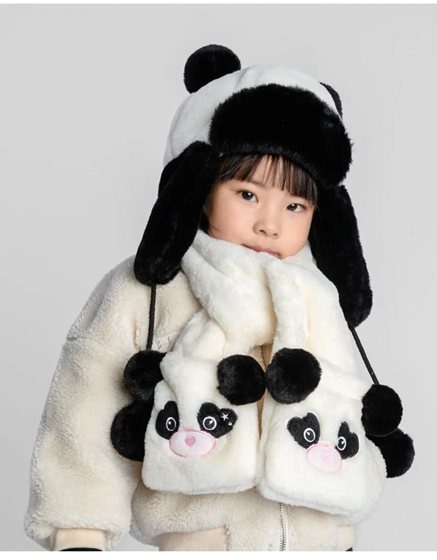 new Faux Fur panda set cap scarf children animal winter hats scarf for kids scarf winter ushanka russian hat earflap girls