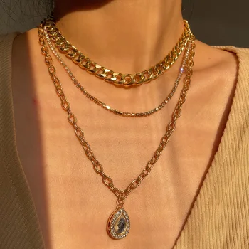 

accessories punk temperament multilayer metal microscope sautoir personality teardrop-shaped zircon claw chain necklace