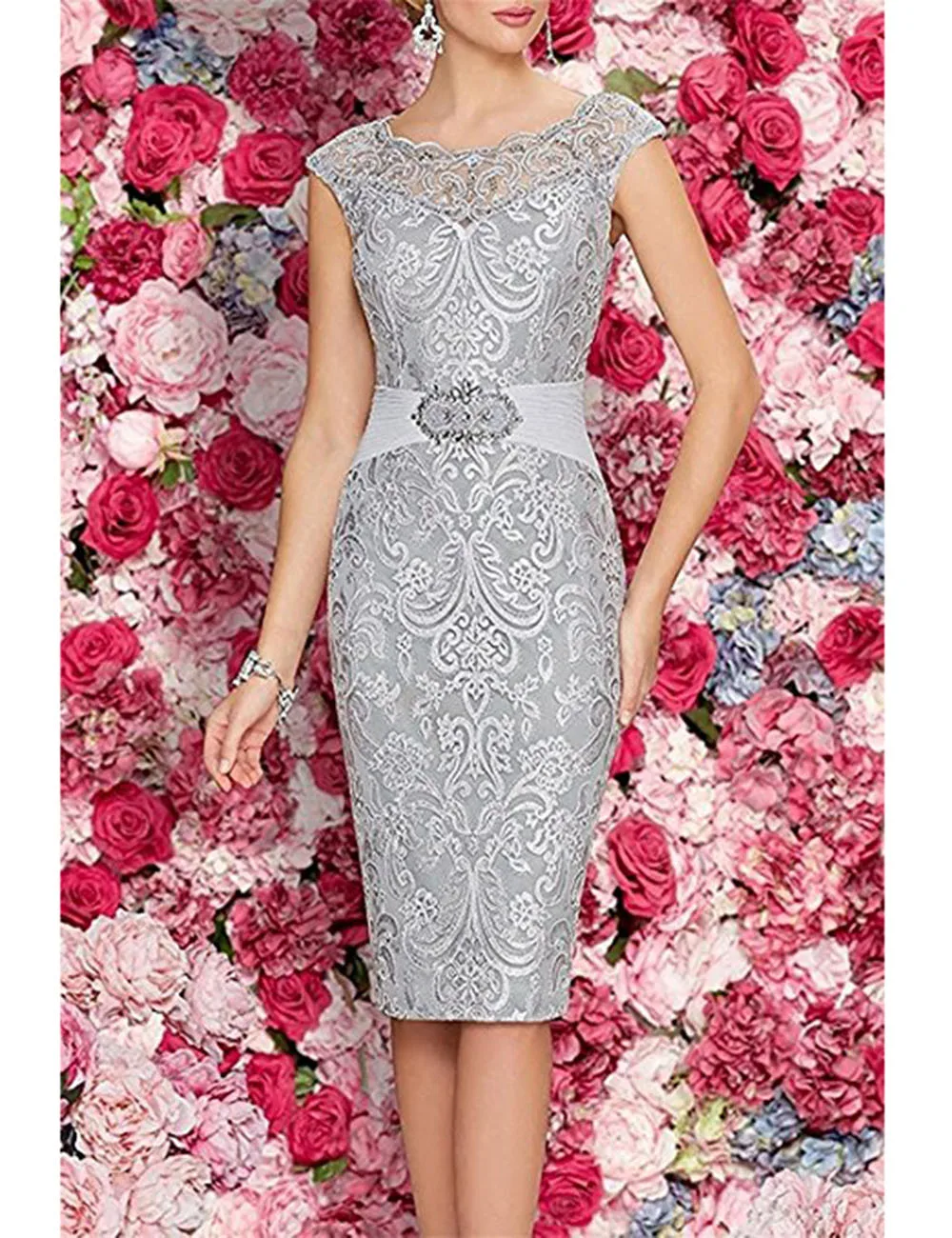 Mother of the Bride Dresses With Chiffon Jacket Lace Satin Sheath Short Knee length Women Cocktail Party Celebrity Gowns Mother Bride Dresses