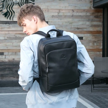 

Bison Denim Black Genuine Leather Backpacks Male Zipper Designer 15 inch School Backpack Men's Travel Cowhide Backpack