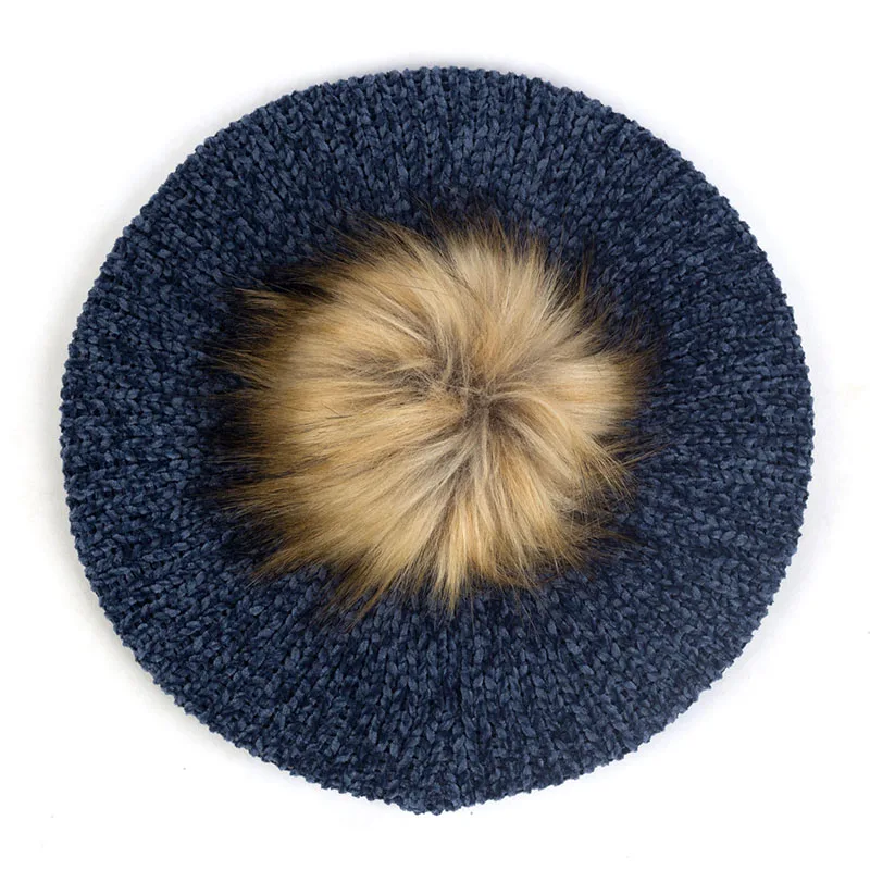 Navy16 Женские Модные береты с помпон из искуственного меха Pom Chenille мягкие зимние теплые шапки женские французские художники берет шапки для волос Повседневная шапка - Цвет: Navy16