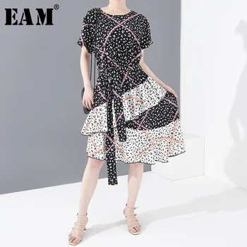 

[EAM] Women Black Pattern Printed Ruffles Temperament Dress New Round Neck Short Sleeve Loose Fashion Spring Summer 2020 1U12301