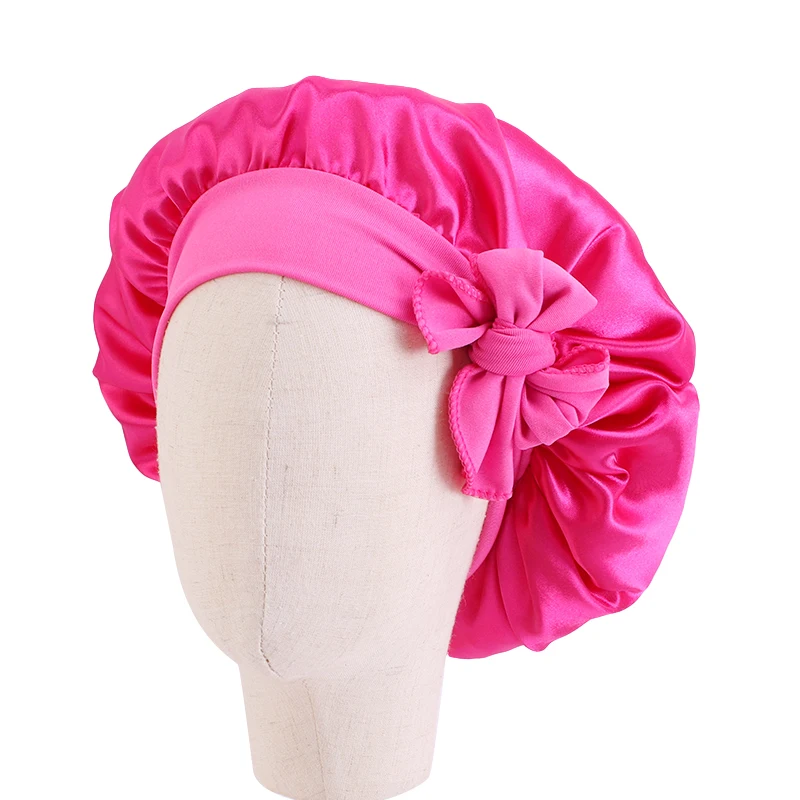 Baby Satin Bonnet With Tie Wide Stretchy Band Soild Color Child Headwrap High Elastic Night Sleep Hat Soft Headcover Chemo Cap