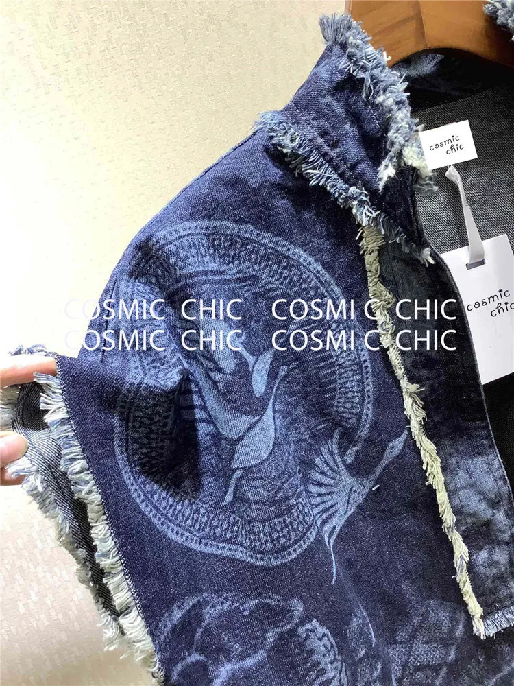 Cosmicchic, подиумный дизайн, женский джинсовый костюм, цветочный принт, короткий рукав, джинсовая рубашка, широкие джинсы, штаны с кисточками, комплект из 2 предметов